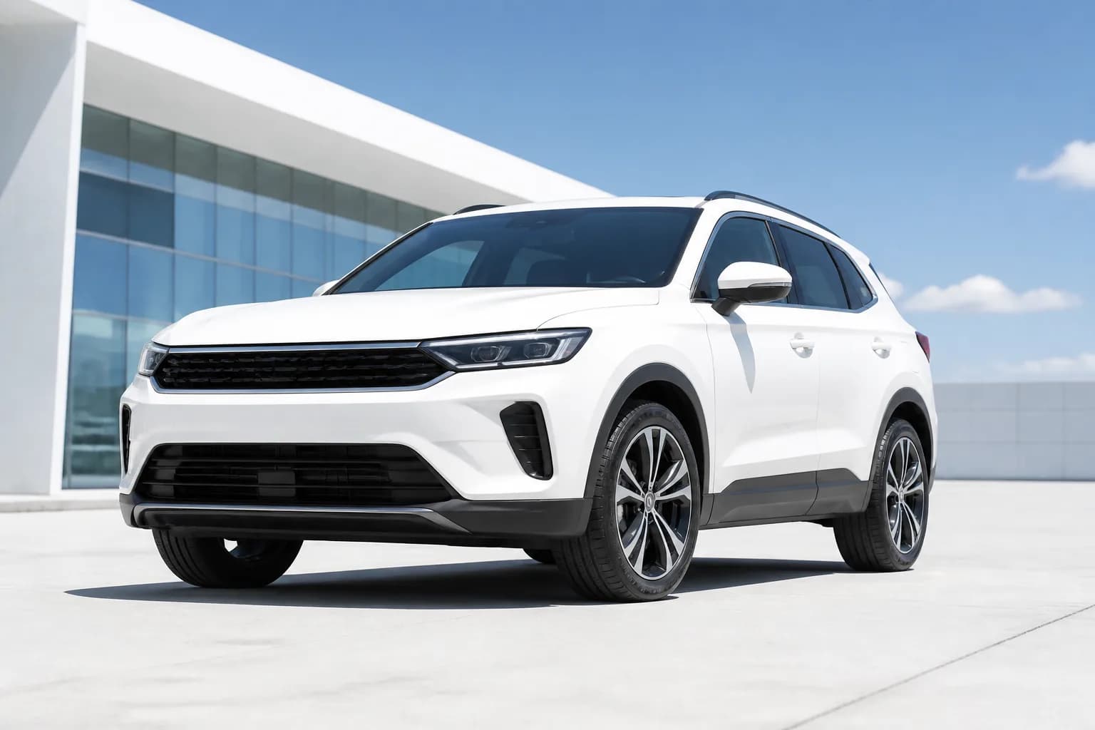 Compact SUV on a concrete plinth in a daylight studio