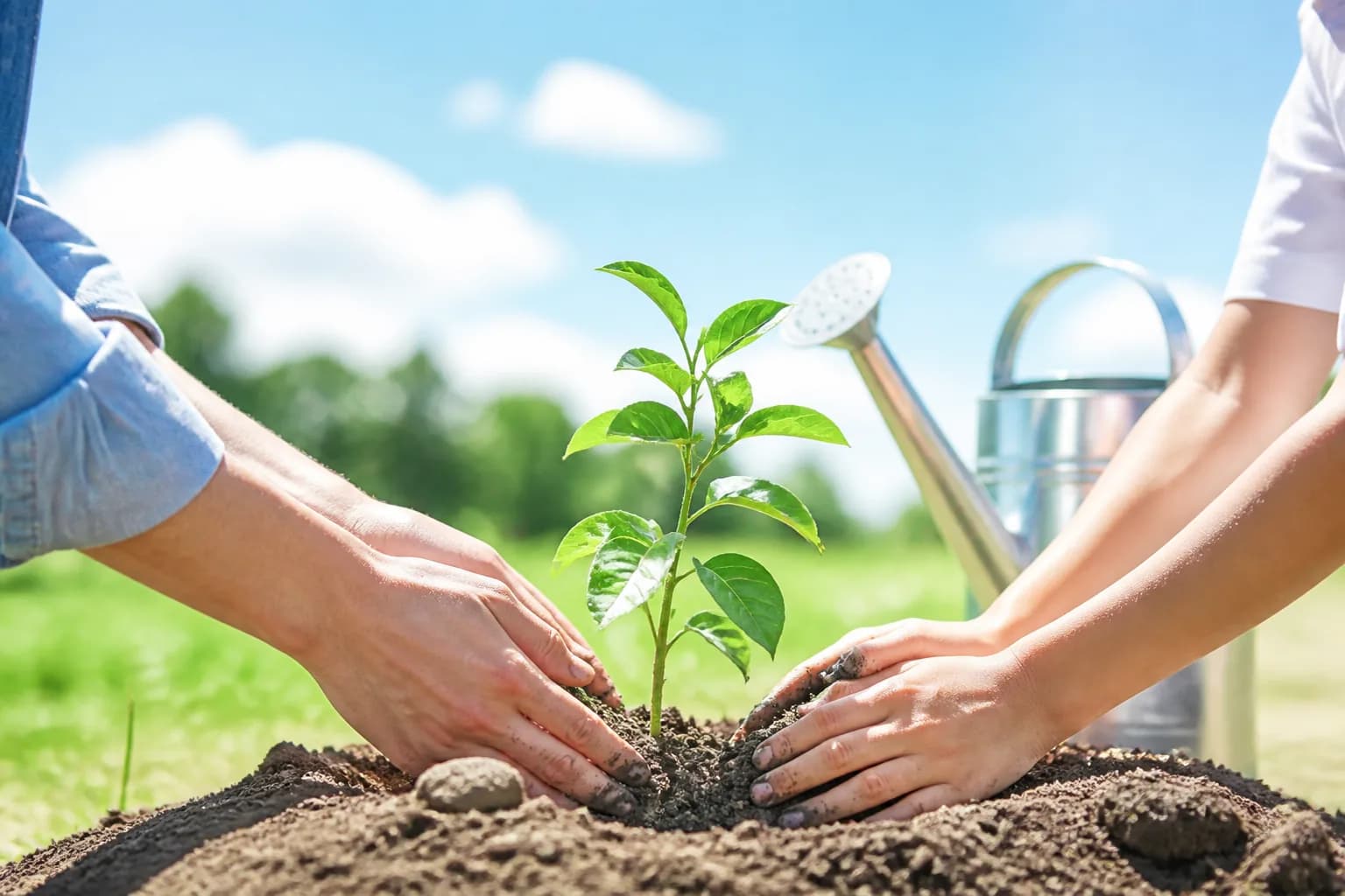 Hands planting a sapling in daylight