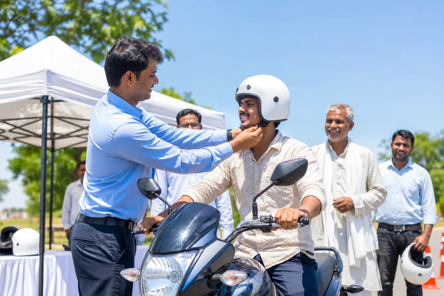 A trainer fitting a helmet on a rider at a roadside safety camp