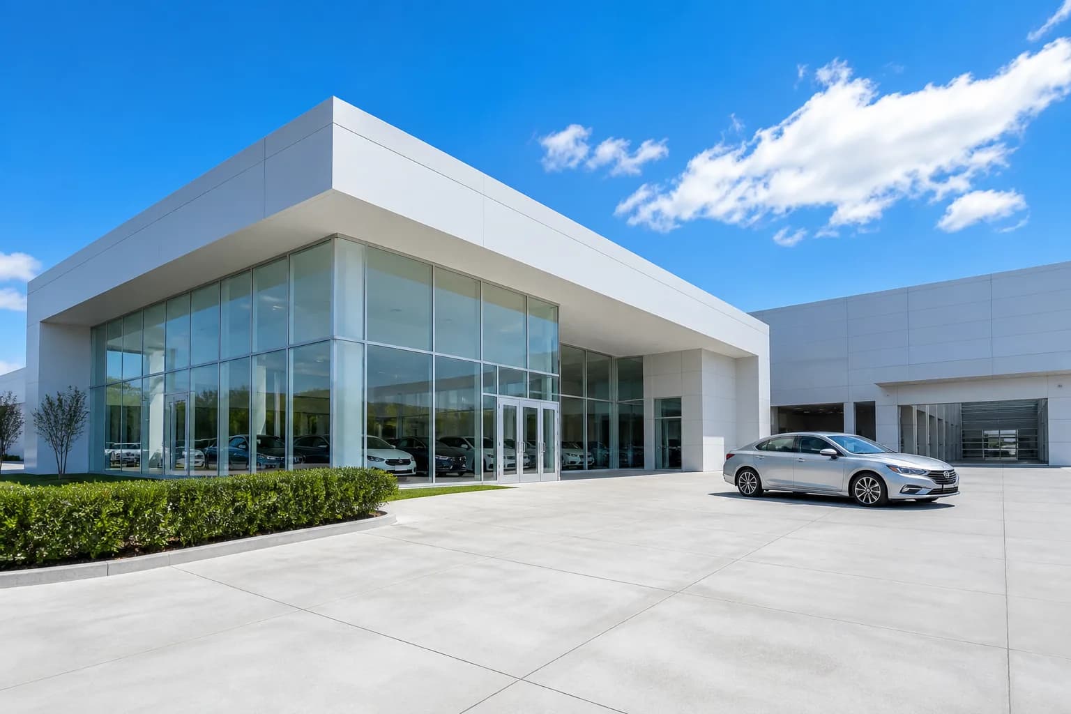 The Sansai dealership frontage under a clear blue sky