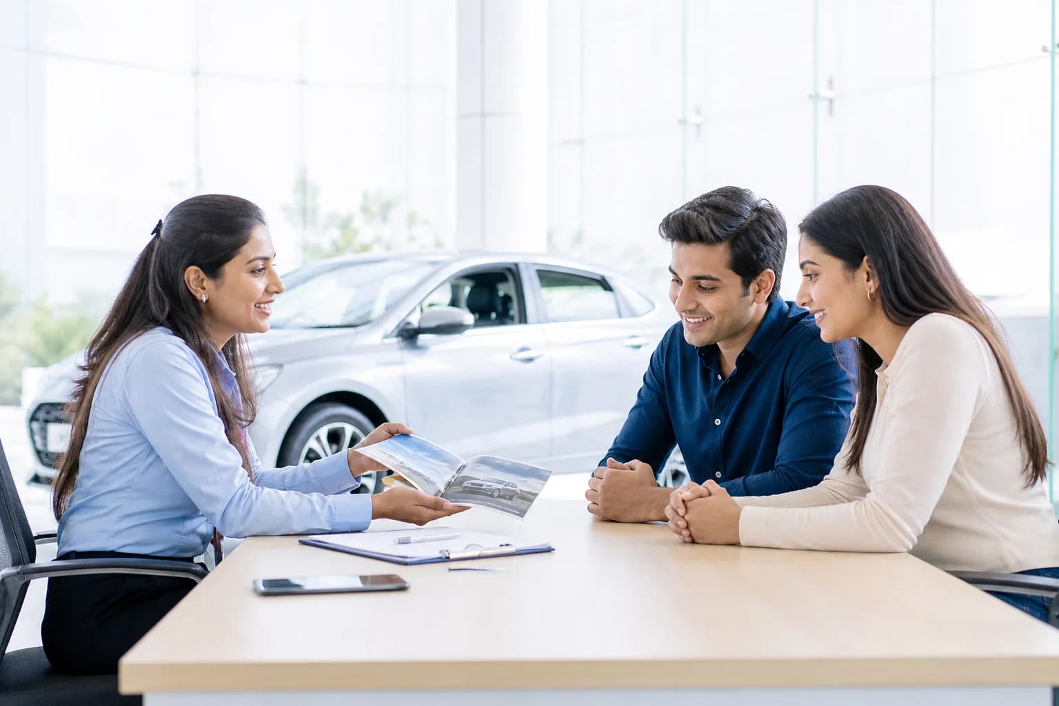A sales consultant showing options to a couple in a showroom
