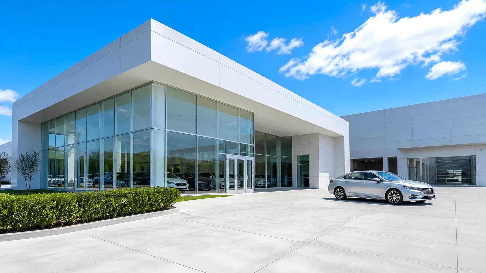 Sansai Group dealership exterior at golden hour in Telangana