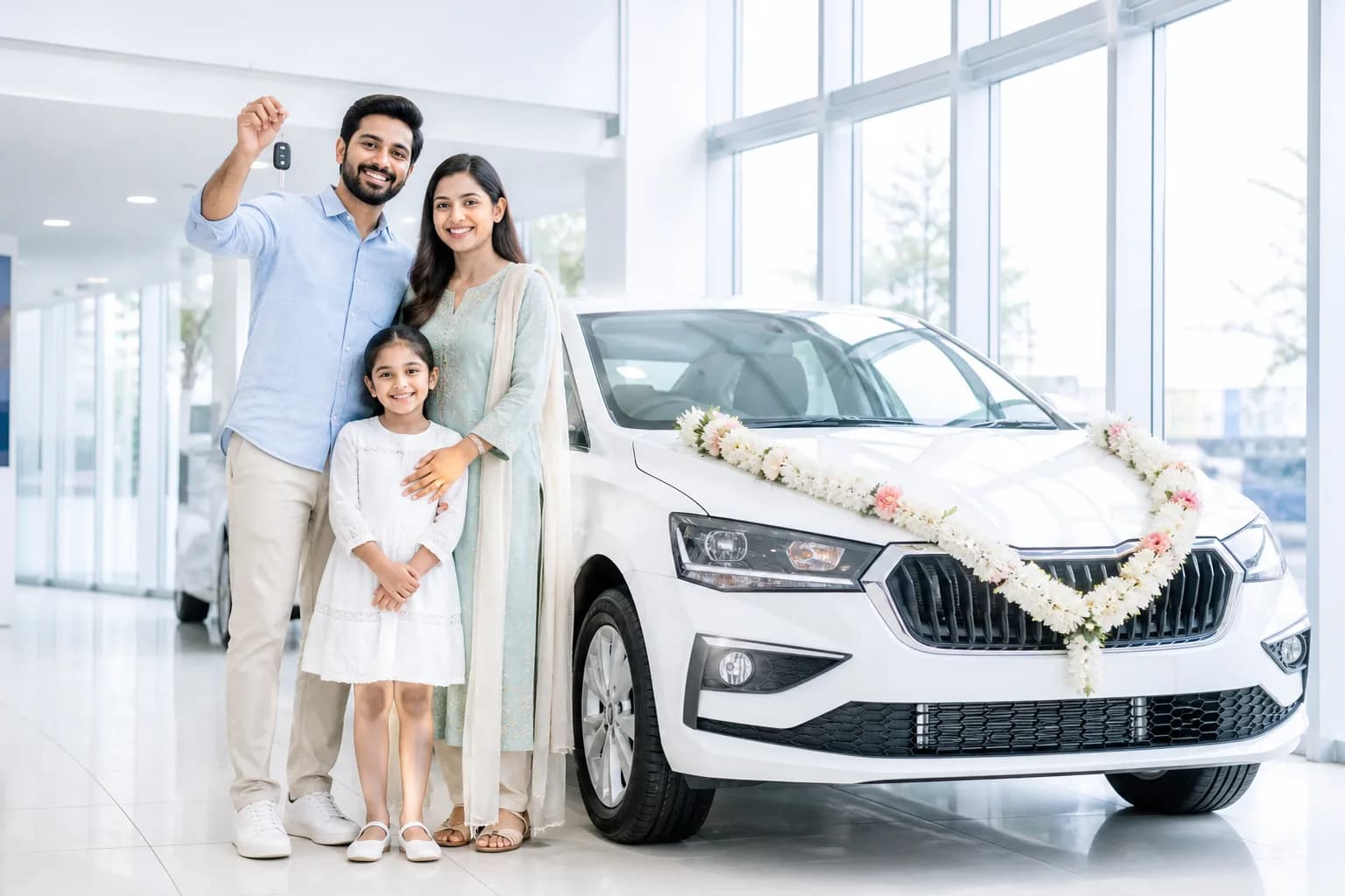 A family collecting their new car in a sunlit showroom