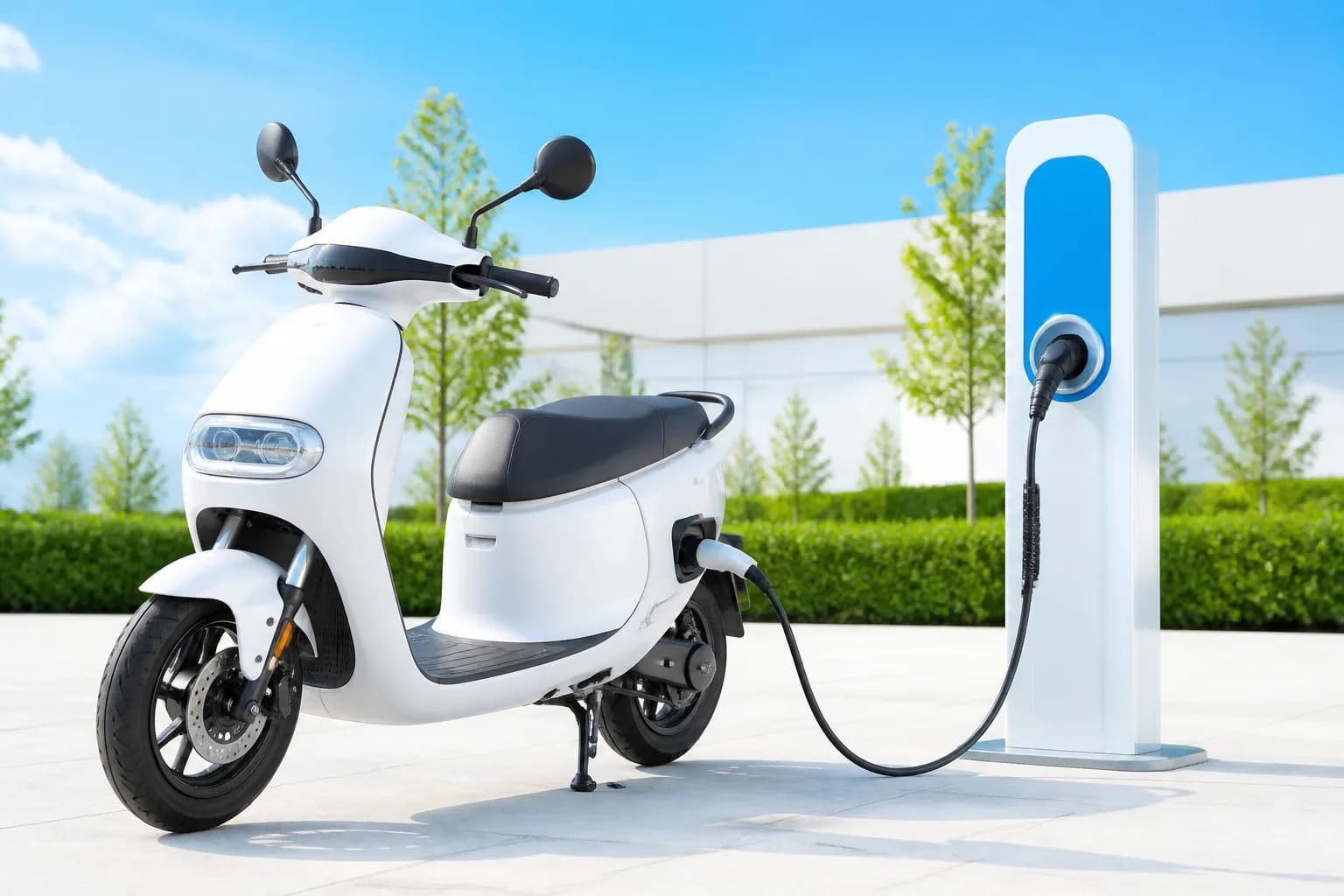 A white electric scooter charging at a forecourt charging point in daylight